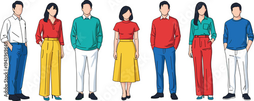 Stylish diverse group in colorful modern casual outfits, vector fashion illustration, blazers, sweaters, wide pants, skirts, trendy everyday streetwear collection
