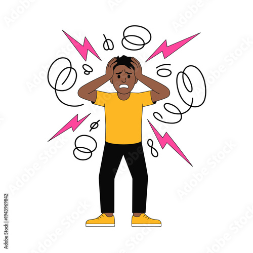 A stressed black man with hands on head in frustration