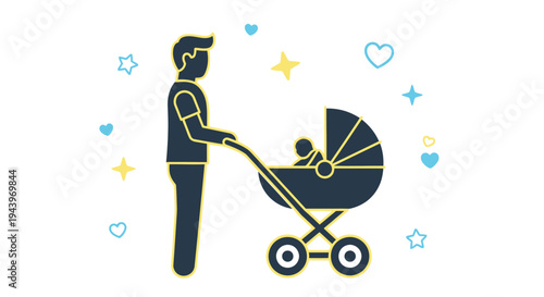 Father pushing baby stroller outside.