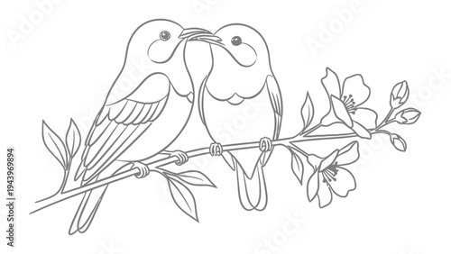 Love Birds' Embrace: Two delicate birds perch together on a blossoming branch, their beaks gently touching in a moment of tender affection, set against the purity of this simple backdrop. 