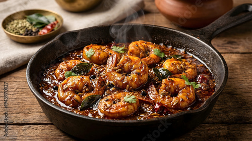 Chettinad Prawn Masala in Cast Iron Pan – Spicy South Indian Seafood Curry Close-Up
