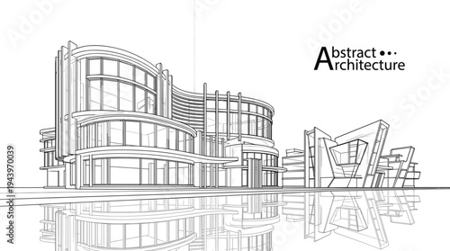 Luxury modern architectural building line art sketch with curved glass facade and water reflection for contemporary real estate design concept.