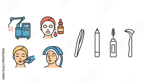 A set of facial treatment icons including machines and cosmetic tools