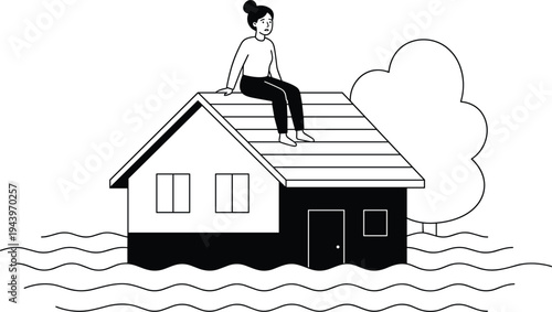 Conceptual illustration of a person sitting on a house roof during a flood disaster, representing climate change, rising sea levels, and emergency environmental crisis.