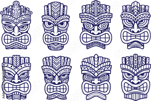 Vectoe art of collection of six unique tribal mask designs in blue lines