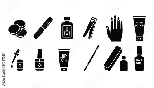 Nail care vector icons set including nail polish and tools