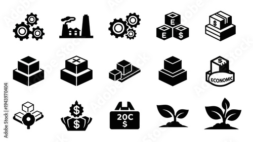 Economic development and industrial growth solid icon set featuring factory gears money and environmental sustainability