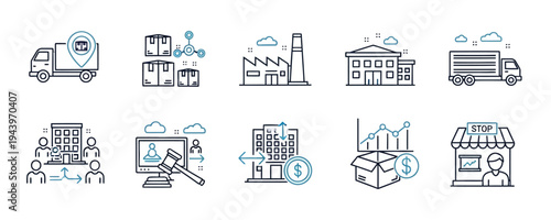 Commercial real estate logistics and corporate business outline icon set with light blue accents