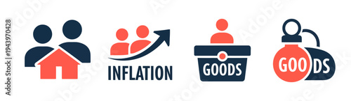 Inflation and economic crisis icon set featuring household goods pricing and rising cost of living