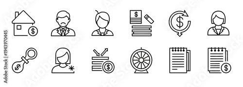 Financial stress and economic loss outline icon set depicting debt bankruptcy and risky investments