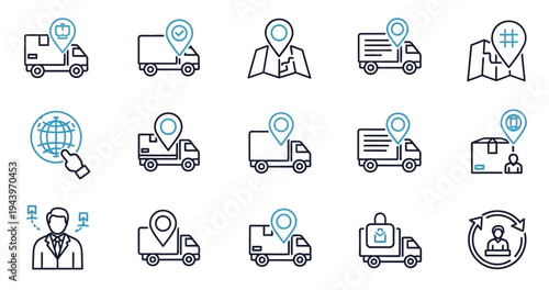 Global logistics and delivery tracking icon set with map pins cargo trucks and distribution network