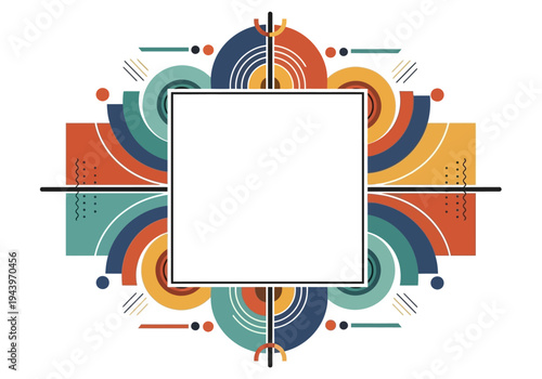 Abstract geometric decorative frame illustration, a modern graphic design element with colorful shapes and a versatile central copy space.