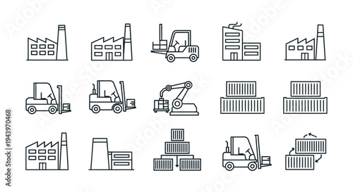Industrial manufacturing and warehousing outline icon set with factories shipping containers and forklifts