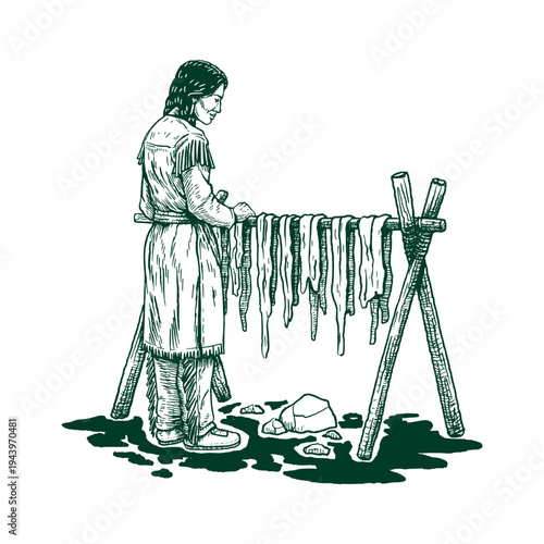 Native American man drying meat on wooden rack traditional food preservation outline vector