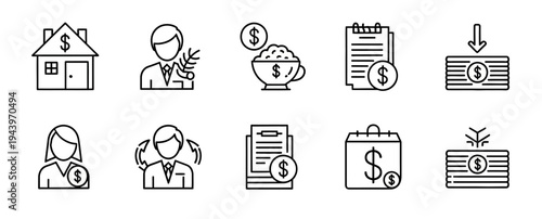 Personal finance and financial planning outline icon set featuring investment growth and expense tracking
