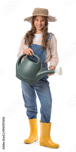 Cute teenage happy gardener with watering can isolated on white background