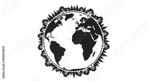 Black and white earth globe illustration.