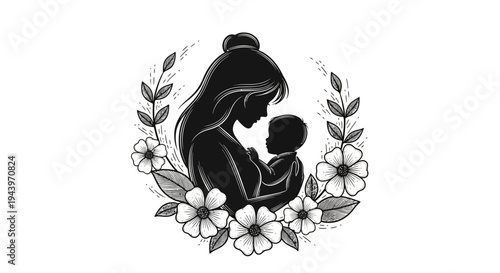 Mother Holding Baby Silhouette Illustration.