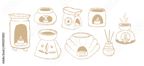 Aromatherapy. Aroma Lamps with Candles Doodle Set. Line Art Home Fragrance, Reed Diffuser Isolated hand-drawn on White Background. Vector Illustration.