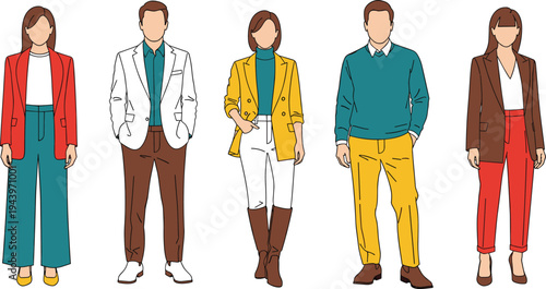 Stylish diverse professionals in colorful blazers and wide pants, vector fashion illustration, modern smart casual office outfits, teal yellow red brown group