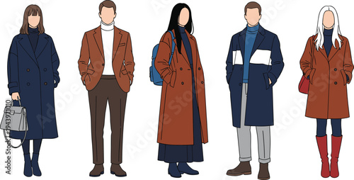 Stylish diverse people in elegant long trench coats and overcoats, vector fashion illustration, winter outerwear collection, navy brown blue camel beige modern chic group