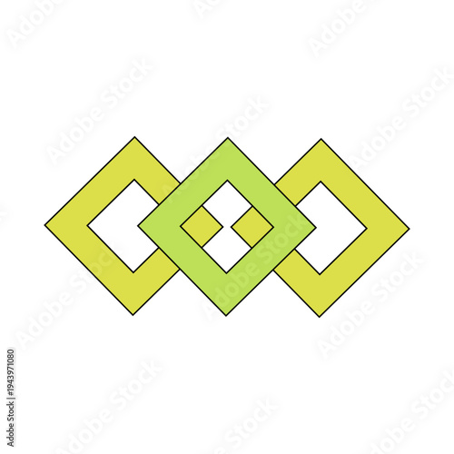 Interlocked rhombus shapes. Abstract geometric Vector. Linked diamond symbol. Green yellow object.