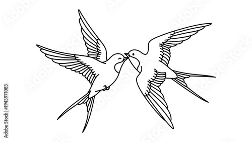 Pair of Swallows in Flight: Two graceful swallows, their wings outstretched, engage in an intimate moment, symbolizing connection and freedom. Lines art and minimalist aesthetics