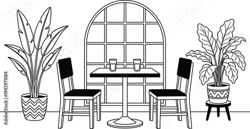 Minimalist cafe vignette featuring a bistro dining set, an arched window backdrop, and decorative indoor plants in a clean line-art style.