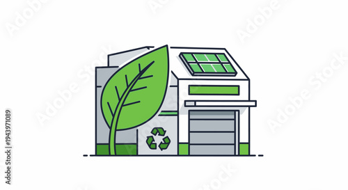 Eco-friendly building with solar panels and recycling symbol.