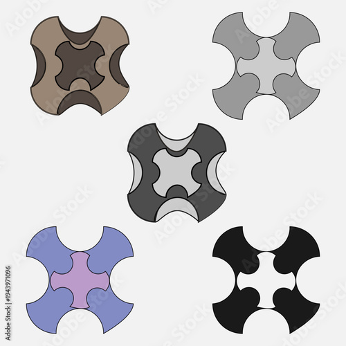 Abstract shape puzzle. Five monochrome symbols. Different color Vector palettes. Geometric tile elements.