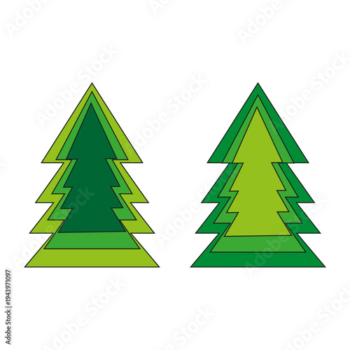 Geometric layered trees. Green pine Vector icons. Christmas festive symbols. Abstract forest elements.