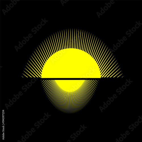 Abstract sun burst. Bright yellow vector light. Digital wave refraction. Dark black background.