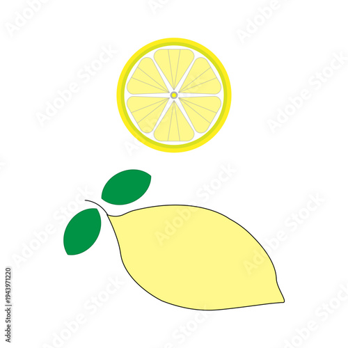 Whole yellow lemon. Bright citrus fruit. Fresh slice segment Vector. Green leaves garnish.