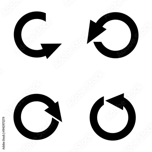 Black refresh icons. Circular navigational symbolism. Solidified Vector illustration. Rotating process elements.