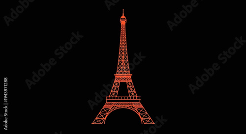 Eiffel Tower illuminated in vibrant red against a stark black background.