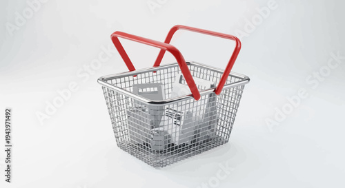 Empty Metal Shopping Basket with Red Handles on White Background.
