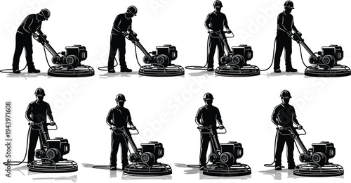 Construction worker using power trowel machine silhouette, concrete floor finishing tool operator set, industrial building site equipment professional, manual labor vector.