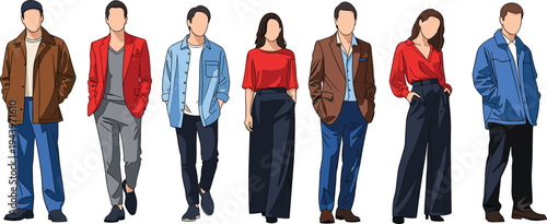 Stylish diverse young people in colorful casual outfits, vector fashion illustration, wide leg pants, jackets, blazers, sweaters, trendy street style group collection