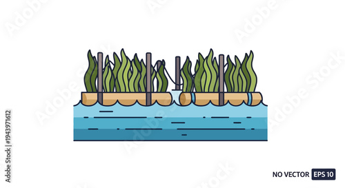 Floating island with green plants growing on it in water.