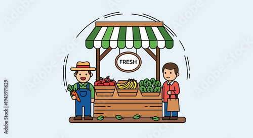 Farmers market stall with fresh produce and vendors.