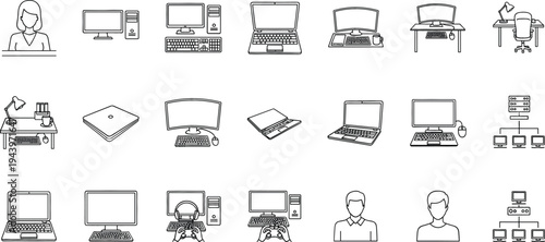 Desktop computer and office workspace icon set featuring gaming consoles monitors servers remote employees and digital workstation hardware.