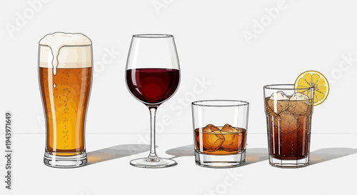Four glasses of alcoholic beverages on a table.