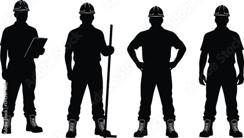 Construction worker silhouette set, engineer man wearing hard hat, industrial labor group, building site employee collection, architectural professional vector, isolated graphics.