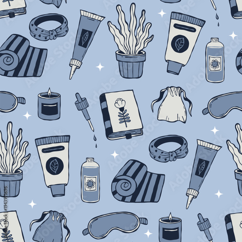 Yoga and Spa Seamless Pattern. Skincare Cosmetics, Cozy Sleep Mask, Towel, Flowerpot and Book on Blue Background. Indigo Wellness Doodles Hand Drawing template. Vector illustration