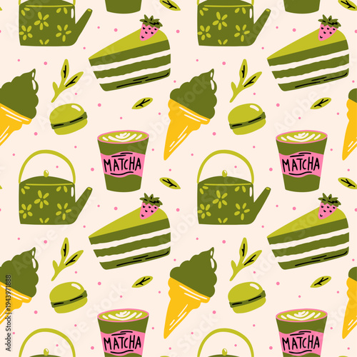 Matcha sweets vector seamless pattern with illustration of japanese tea drink, matcha latte, desserts, ice cream for shop, restaurant, kawaii cafe menu design, food blog background