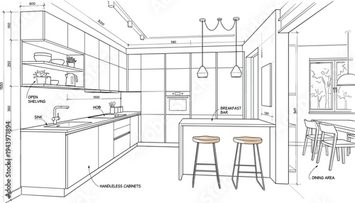 Modern kitchen architectural elevation featuring dimensioned handleless cabinetry, breakfast bar, and technical millwork annotations.