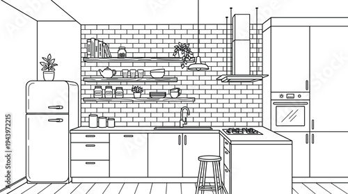 Modern kitchen perspective with slatted wood room divider featuring integrated shelves and minimalist breakfast bar seating.