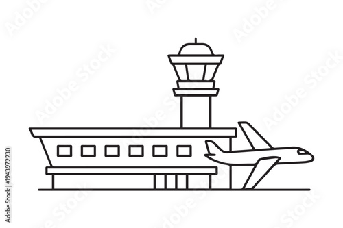 Airport building and airplane line art