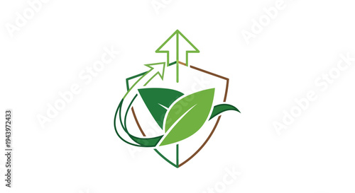 Green Shield with Upward Arrows and Leaves Symbolizing Growth and Protection.