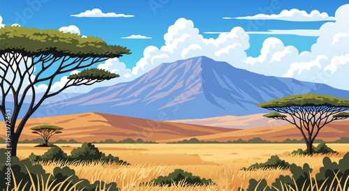 Vibrant vector illustration of an African savanna landscape with acacia trees and Mount Kilimanjaro in the background, sunny day